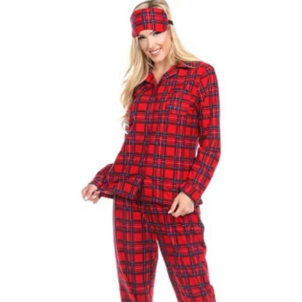 White Mark Womens Red Plaid Nightwear 3 piece Pajama gift Set‎ With Eye Mask